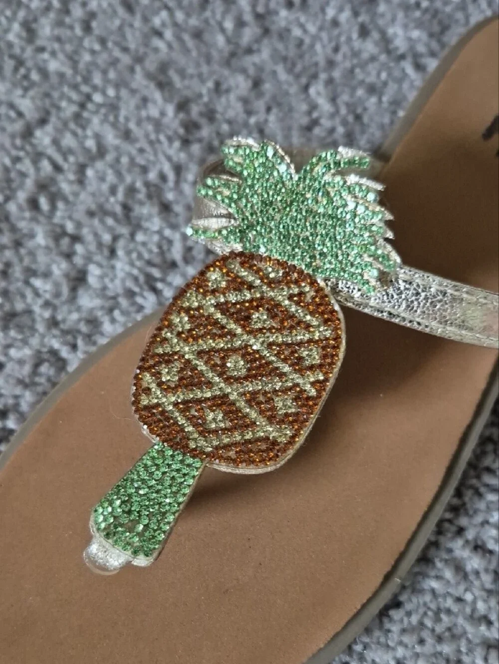 Gold Bling Sandals with Green Palm & Pineapple Embellishments Nwot